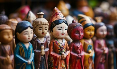 Fototapeta premium Colorful wooden figurines, Asian-inspired, row display.