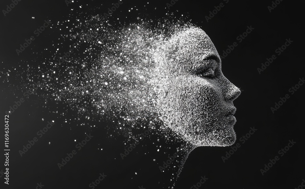 Poster an abstract profile of a woman created from particles, dust, and stars on a black background, symbol