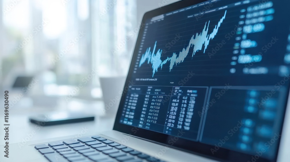 Poster laptop display shows stock market data graph