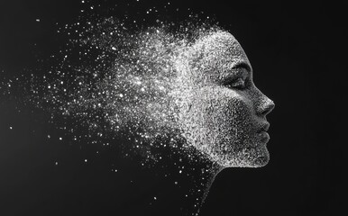 An abstract profile of a woman created from particles, dust, and stars on a black background, symbolizing the conceptual representation of artificial intelligence with a female face