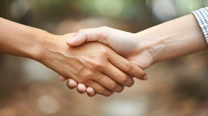 Close-up image of two people shaking hands outdoors, symbolizing agreement, partnership, diversity, unity, and mutual respect, with a blurred natural background setting
