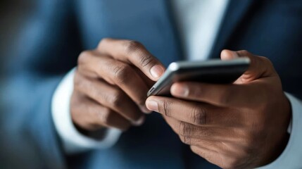 Dark skinned man using a smartphone in a suit