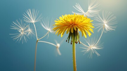 Vibrant Yellow Dandelion with Seed Heads in Flight