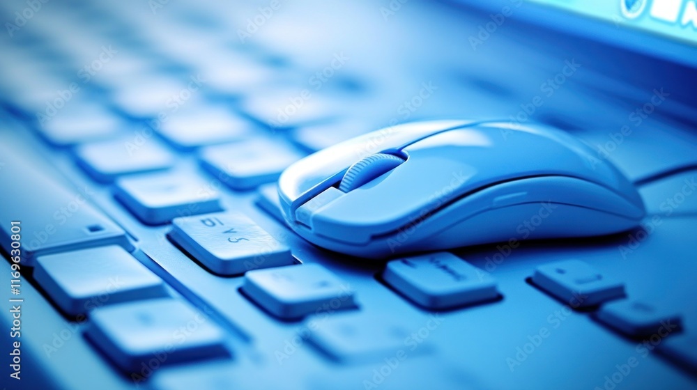 Poster blue computer mouse rests on keyboard