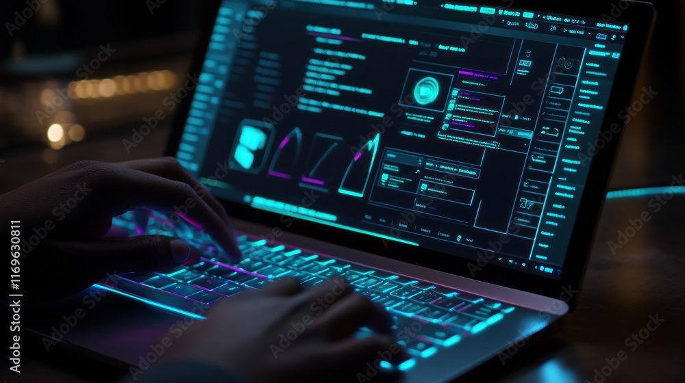 Poster hands typing on laptop with neon lit keyboard