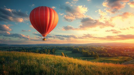 Obraz premium Red hot air balloon over green hillside under blue sky during sunset