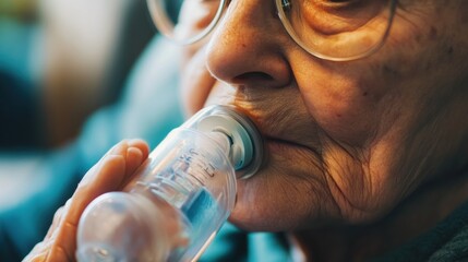 Elderly Woman Using An Inhaler Medication Device