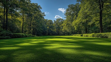 Fototapeta premium Sunny day in a lush green park with tall trees casting shadows on the grass.