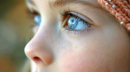 Fototapeta premium Close-up of a child's eyes shining with wonder, capturing the intricate details of eyelashes and reflections, evoking a sense of curiosity and innocence
