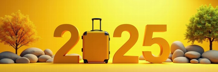 A vibrant travel-themed image featuring a yellow suitcase and the year "2025," symbolizing adventure and future journeys. Perfect for travel promotions and planning materials.