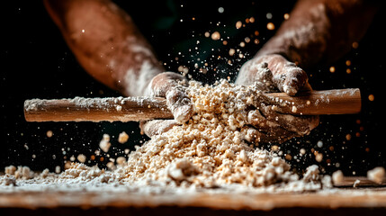Hands kneading dough, flour flying, baking.