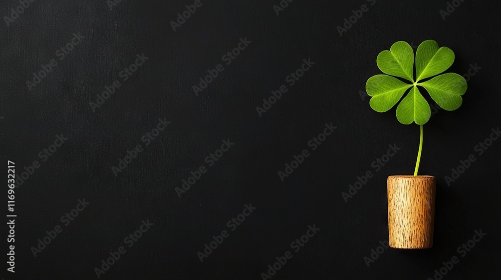 Poster a four-leafed clover in a wooden vase on a black background with space for text or an image