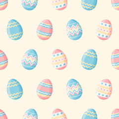 Seamless pattern with colorful easter eggs on a light yellow background. Vector Easter pattern.
