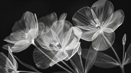   A monochrome photograph of a bouquet of flowers placed against a black background