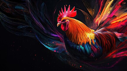 Colorful rooster crowing at dawn with vibrant lines against a dark background