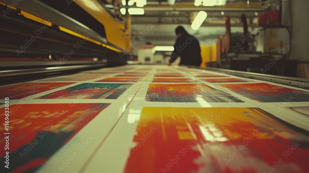 Poster large format printing process showing colorful prints