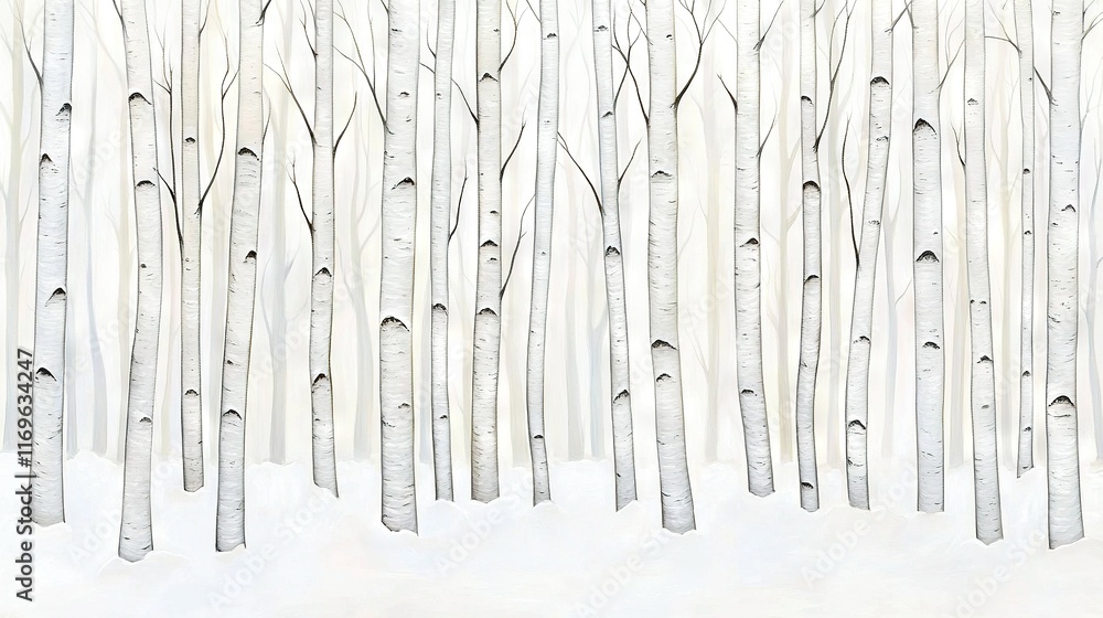 Poster a picture of multiple trees covered in snow, with a single tree positioned centrally