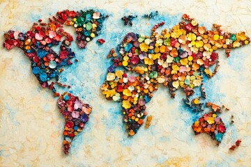 Colorful world map, textured background, floral shapes.