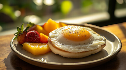 ガラス窓の逆光に包まれた朝食プレート