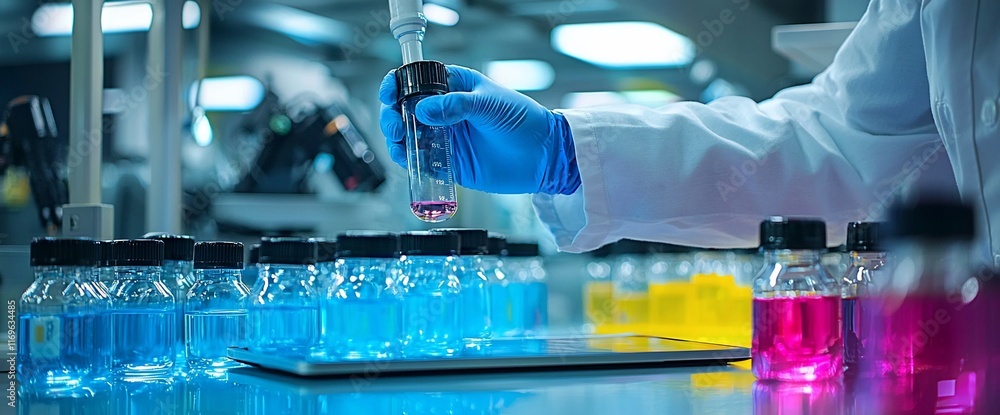 Poster scientist's gloved hand holds a vial with pipette in a lab, surrounded by numerous sample bottles.