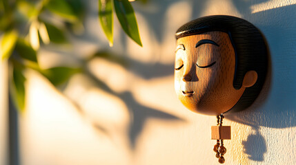 Wooden carved head wall decor, serene expression, sunlight.