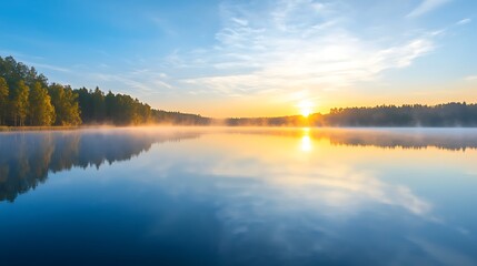 Fototapeta premium A serene lake at dawn, with mist rising from the water and the first rays of sunlight breaking through 