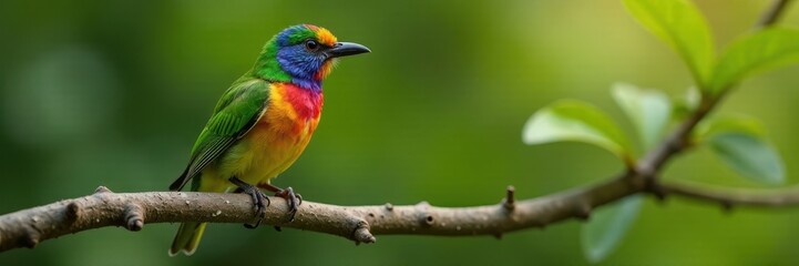 Golden-whiskered barbet perched on branch, vibrant plumage, golden-whiskered barbet, beautiful, wing