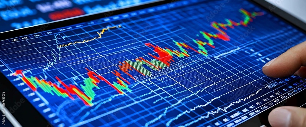 Aufkleber close-up of a hand using a tablet to analyze stock market data displayed as candlestick charts.