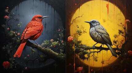 This artistic diptych beautifully illustrates a vibrant red bird on a dark, moonlit branch, contrasted by a grey bird on a golden sun.