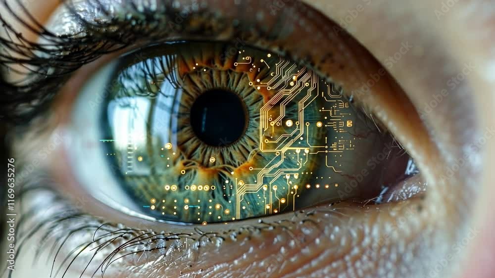 Poster a close-up reveals a human eye intricately blended with circuitry, symbolizing the convergence of ar