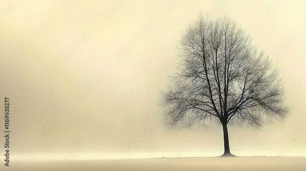 Poster in the midst of a hazy meadow, stands an isolated tree devoid of foliage from its bare branches