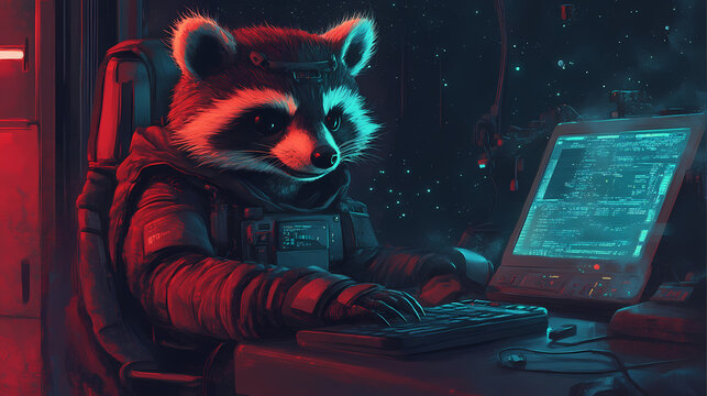 Mapache trabajando en un dispositivo movil como computadora o tablet. Moonveil. Illustration