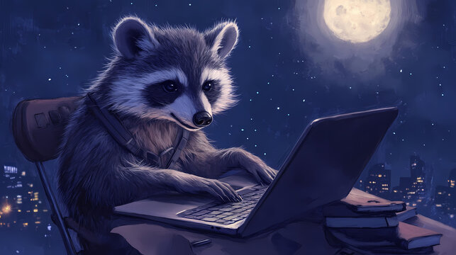 Mapache trabajando en un dispositivo movil como computadora o tablet. Moonveil. Illustration