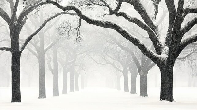  B&W image of a snow-covered park with trees in fg & snow on gnd