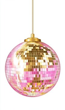 recommend clip art: A pink and gold disco ball-style chandelier that reflects light.