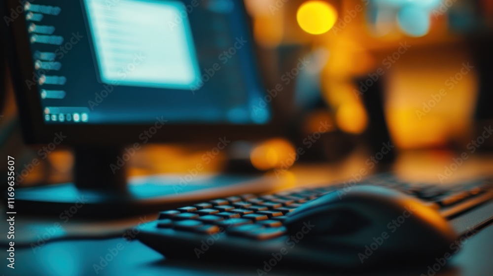 Poster Blurred Image Of Computer Keyboard And Mouse At Night