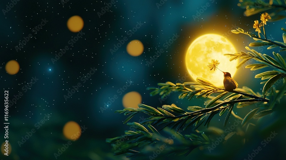 Poster a bird perched on a tree branch against a full moon with lights blurred in the backdrop