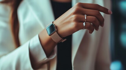 Obraz premium Woman Wearing Smartwatch Rose Gold Band White Blazer