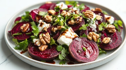 Beetroot salad with goat cheese, walnut and herb on ceramic plate