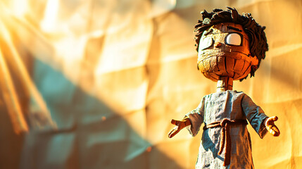Wooden puppet boy in robe, backlit by sunlight.