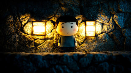 Cute cartoon figure standing between glowing lights in a dark stone wall.