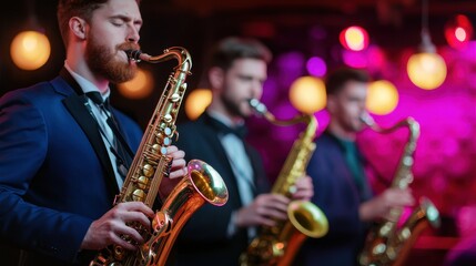 Obraz premium Three saxophonists perform on stage, illuminated by colorful lights, creating a vibrant and lively atmosphere in a jazz setting.