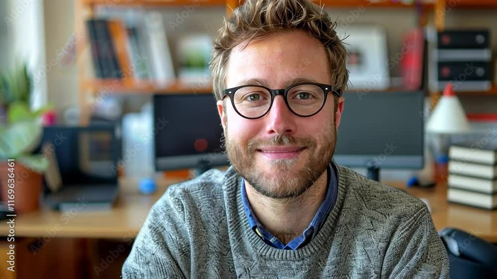 Leinwandbilder a cheerful man with glasses sits at a wooden desk in a warm and inviting workspace. lush plants and 