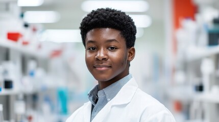 A confident young person in a lab coat smiles in a laboratory filled with scientific equipment, showcasing enthusiasm for science and research.