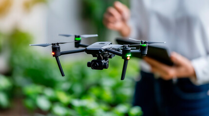 A drone flying with a person holding a tablet in the background.