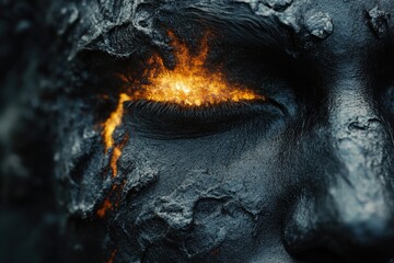 A dramatic close-up of a dark, textured face with a glowing, fiery eye and a molten tear, symbolizing intense pain and destruction.