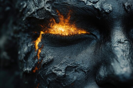 A dramatic close-up of a dark, textured face with a glowing, fiery eye and a molten tear, symbolizing intense pain and destruction.