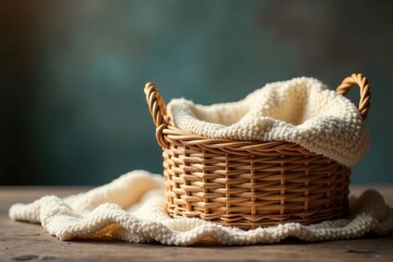 Obraz premium Woven basket, cozy wrap, soft backdrop Single light illuminates scene , studio setup, cozy, minimalist