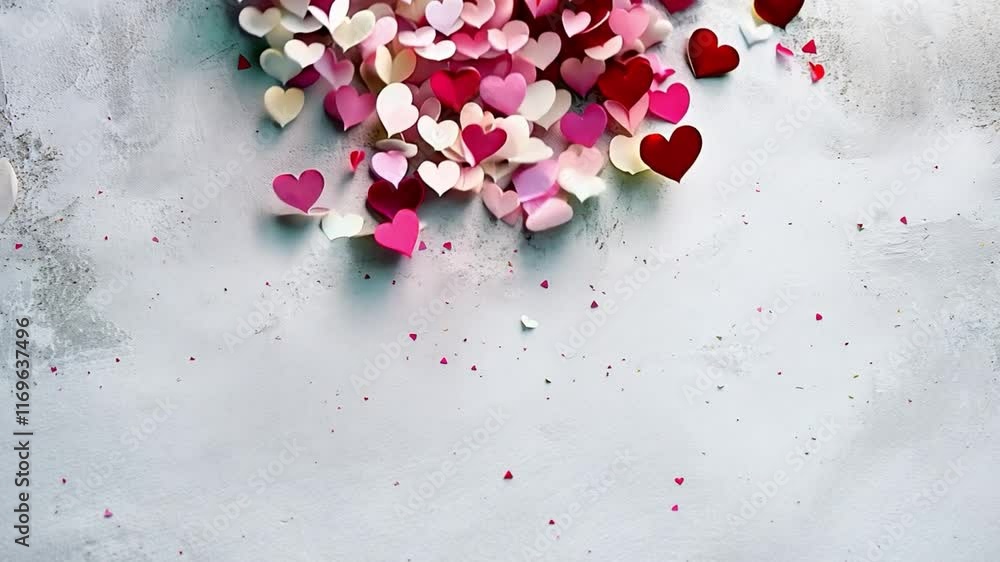 Fototapete This Colorful heart shapes are scattered across a subtle gray surface, creating a whimsical atmosphere.