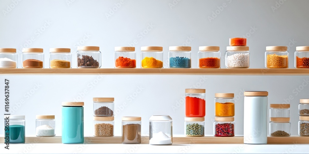 Poster a beautiful display of colorful spice jars on a wooden shelf. the clear containers showcase a variet